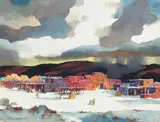 Nat Youngblood, Taos Pueblo in Winter, watercolor on paper
