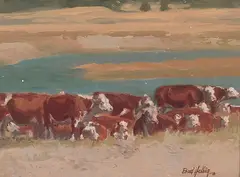 Bud Helbig, Herefords, circa 1985, oil on Masonite