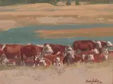 Bud Helbig, Herefords, circa 1985, oil on Masonite