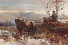 Terry Mimnaugh, Jig's Team Along the Flathead, oil on Masonite