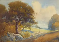 Landscape with Oak Tree by Percy Gray, watercolor on paper, sold Aug 2023
