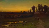 William Keith, Cottage and Hayfield with Farmers at Dawn, oil on canvas