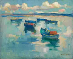 Sailing Ships by Armin Carl Hansen, oil on board, sold Aug 2023