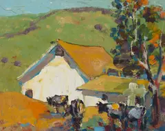 Farmhouse with Grazing Cattle by Selden Connor Gile, oil on board, sold Aug 2023