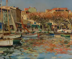 Jules Eugene Pages, Boats in a Harbor, oil on canvas