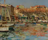 Jules Eugene Pages, Boats in a Harbor, oil on canvas