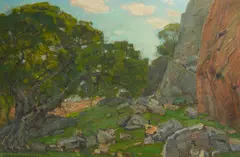 Trees Beneath Rock Cliffs by William Wendt, oil on canvas, offered Aug 2023