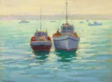 Boats in a Harbor (a group of three) by Paul Grimm, first signed 'Paul Grimm' (lower right), second unsigned and inscribed (on the reverse), and third signed 'Paul Grimm' (, offered Aug 2023