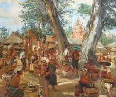 Emil Rizek, Market in Bali, oil on canvas laid to panel
