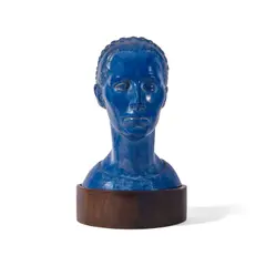 Brents Carlton, Portrait (Afton), 1935, blue glazed ceramic on walnut artist's base