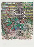 William T. Wiley, HAPPY? you NEAR DAY JA VOO DOO DOO, 1991, offset lithograph with acrylic hand coloring and graphite on paper