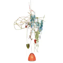 Elliott Hundley, Incandescent Tangle II, circa 2007, wood, tape, metal, plastic, ceramic, string and found objects with lamp and wire