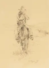 Elling William Gollings, Smoke Break While Watching the Herd, pencil on paper
