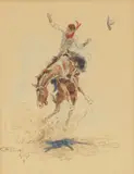 Bucking Bronco and Rider by Charles Marion Russell, watercolor, ink and pencil on paper, offered Apr 2023