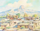 Marjorie Jane Reed, Arrival of the Stage at Cabazon, oil on canvasboard