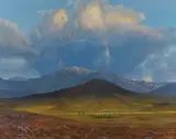 Bill Hughes, Distant New Mexico Town Bathed in Sunlight (The Blue Pickup), oil on canvas