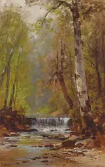 A Stream and Waterfall in the Woods by Thomas Hill, oil on board, sold Apr 2023