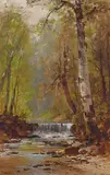 Thomas Hill, A Stream and Waterfall in the Woods, oil on board