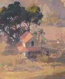 Franz Bischoff, View Over the Red-Roofed Farmhouse Beneath the Eucalyptus by the Dairy, Old Arroyo Seco, South Pasadena, California, gouache and oil on paper laid to heavy card
