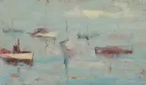 August François Gay, Boats in a Harbor, oil on cigar box panel