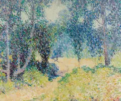 Path through the Woods by William Clapp, oil on Masonite, sold Apr 2023