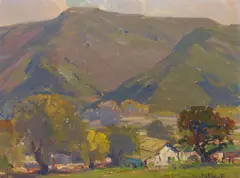Landscape with Foothills and Ranch House by Hanson Puthuff, oil on canvasboard, sold Apr 2023