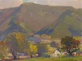 Hanson Puthuff, Landscape with Foothills and Ranch House, oil on canvasboard