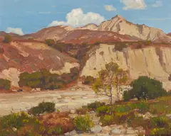 Mountains Beyond a Dry Creek Bed by William Wendt, oil on canvas, sold Apr 2023