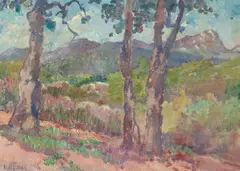 Oaks near Mussey Grade by Charles A. Fries, oil on canvas, sold Apr 2023