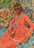 Clarence K. Hinkle, Girl Seated on a Blue Striped Chair, oil on board