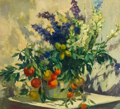 Emil Kosa, Sr., Floral and Citrus Fruit Still Life, oil on canvas