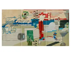 Tony Berlant, The Monkey Ledger, 1987, found metal collage on plywood with steel brads, triptych