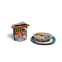 Liza Lou, Cereal Bowl, 1992; Spoon and Plate, 1993, glass beads and rhinestones on wood