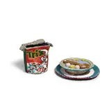 Liza Lou, Cereal Bowl, 1992; Spoon and Plate, 1993, glass beads and rhinestones on wood