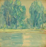 Xavier Martínez, Lake Side Trees, monotype on paper