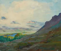River Landscape by Jean Mannheim, oil on canvas, offered Feb 2023