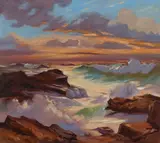 Paul Lauritz, Waves Breaking at Sunset, oil on canvas affixed to board