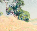 William Clapp, Haystacks and Trees, oil on Masonite