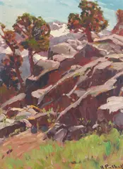 Sierras by Hanson Puthuff, oil on board, offered Feb 2023