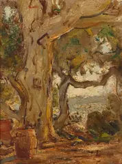 From the Hinkle Garden to the Mesa by Clarence K. Hinkle, oil on board, sold Feb 2023