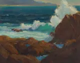 Leland Curtis, Coastal Scene, oil on board