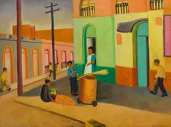 Helen Rousseau, Taxco Street Scene, oil on board