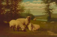 Three Sheep in a Field by Arthur Fitzwilliam Tait, oil on canvas laid to Masonite, sold Feb 2023