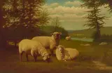 Arthur Fitzwilliam Tait, Three Sheep in a Field, oil on canvas laid to Masonite