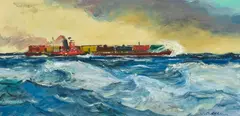 Cecil Crosley Bell, Tugboats in a Harbor (a group of three), first and second oil on Masonite; third oil on canvas