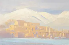 Taos Pueblo in Winter by Curt Walters, oil on canvas, sold Feb 2023