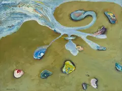 Shells with Wave by Arthur Okamura, oil on canvas, sold Feb 2023