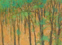 Arthur Okamura, Woods on Slope, pastel on paper