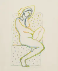 Arthur Okamura, Still Life with Vase, Nude, Houses, and San Francisco Bay Bridge (a group of four), Vase ink on paper; Nude and Houses gouache and pencil on paper; Bay felt tip marker on paper