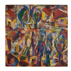A Farm by Jessica Rice, acrylic on wove paper, sold Feb 2023